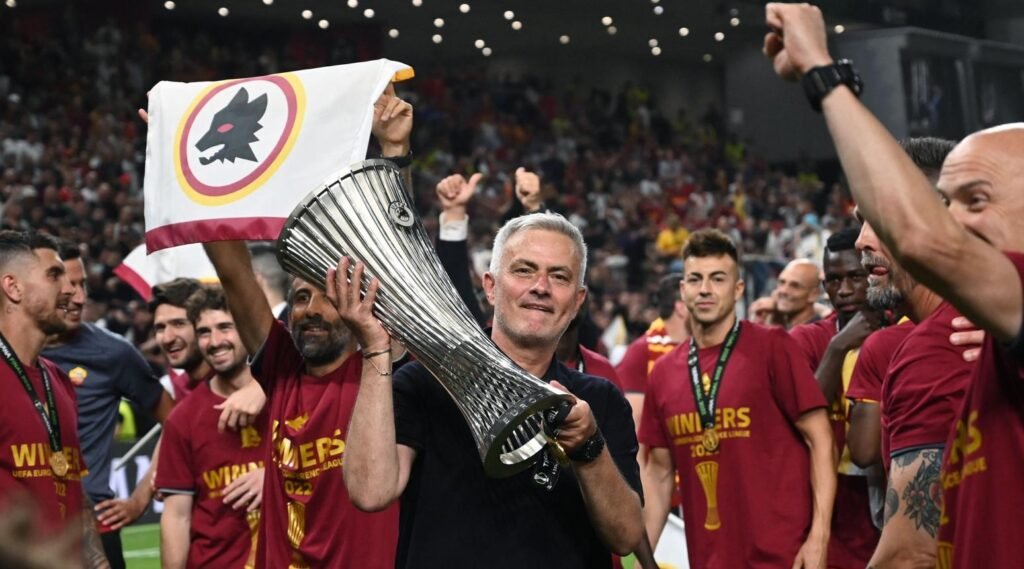 Jose Mourinho with Roma Europa Conference League trophy